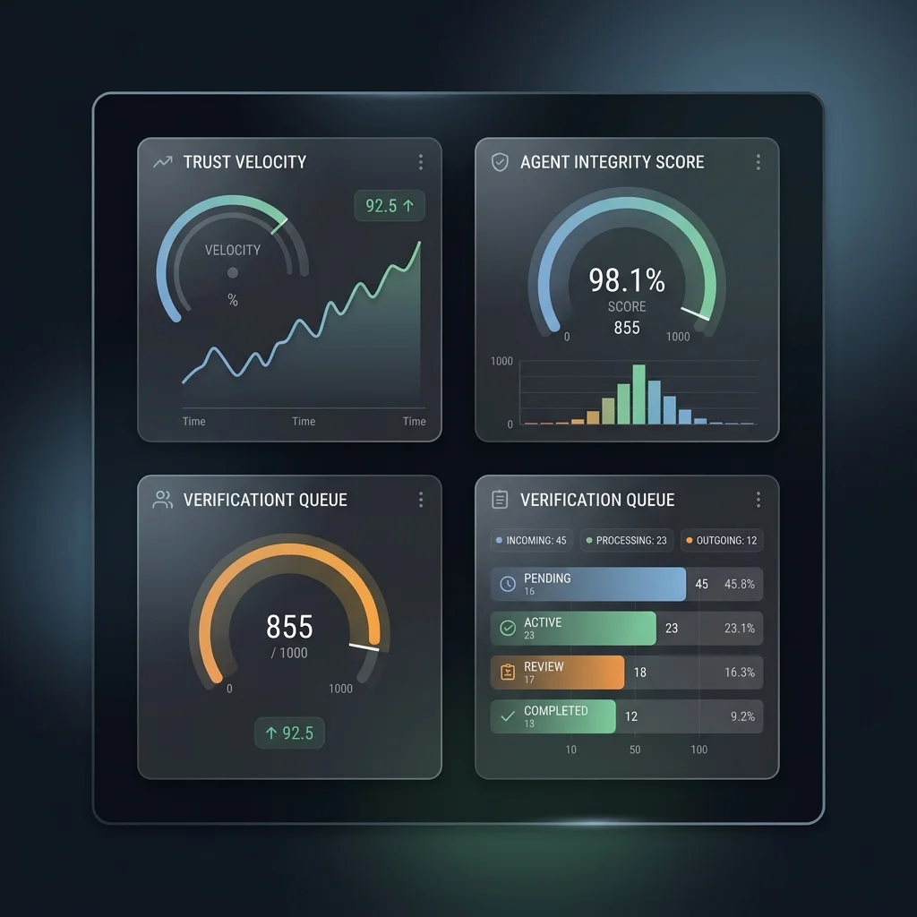 Engineering Management v2.0 --" 2D Industrial UI mock of a leadership cockpit showing Trust Velocity and Agent Integrity