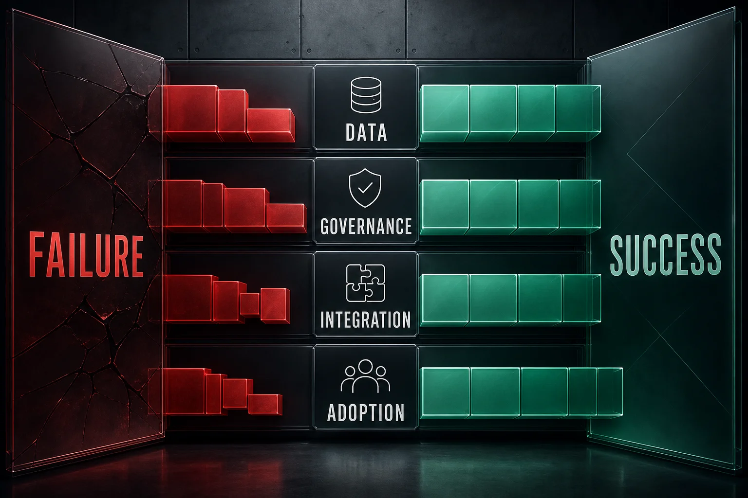 Infographic showing major failure mode categories - data, governance, integration, adoption - with abstract success rate benchmarks for 2026 enterprise programs. AI project failure modes and success benchmarks infographic