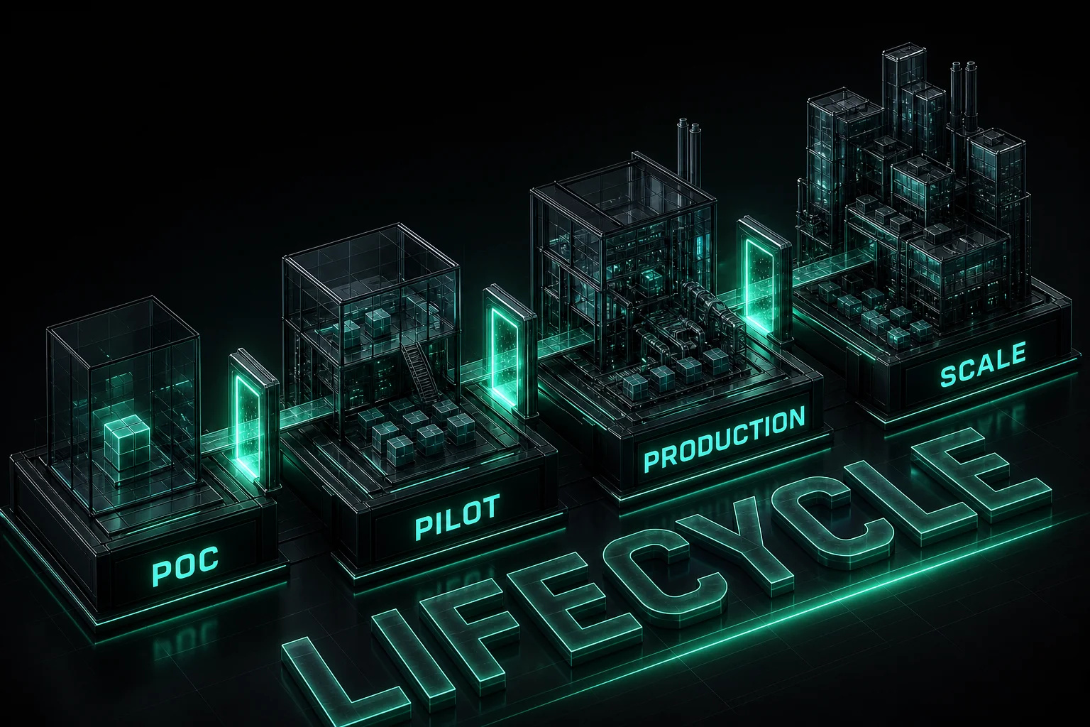 Isometric lifecycle diagram showing POC, pilot hardening, production launch, and scale phases with governance gates between each stage. AI project lifecycle from POC to production at scale