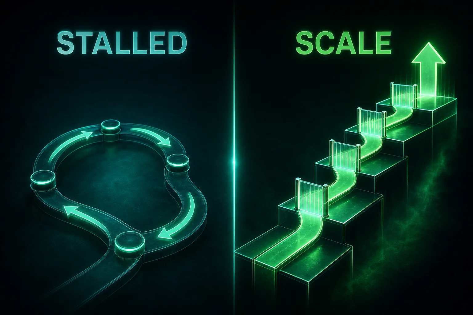 Before and after paths showing stalled pilot loop versus gated progression through readiness checks to production scale. Failed scaling path vs successful production graduation