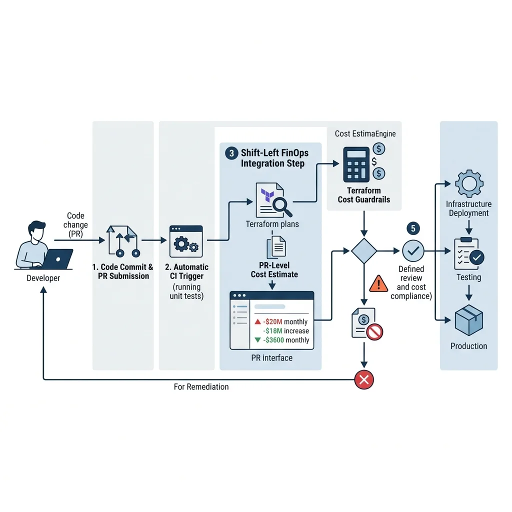 FinOps Transformation 2026 --" 2D Process Map illustrating the integration of financial constraints into the CI/CD pipeline