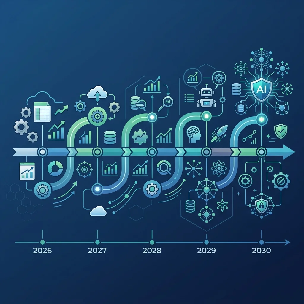 FinOps Transformation 2026 --" Futuristic evolution timeline visual mapping the shift toward autonomous financial governance