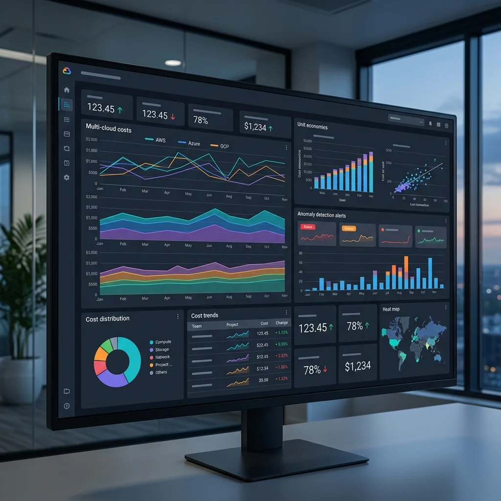 FinOps Transformation 2026 --" 2D Industrial UI showing real-time AI spend anomalies and savings realized