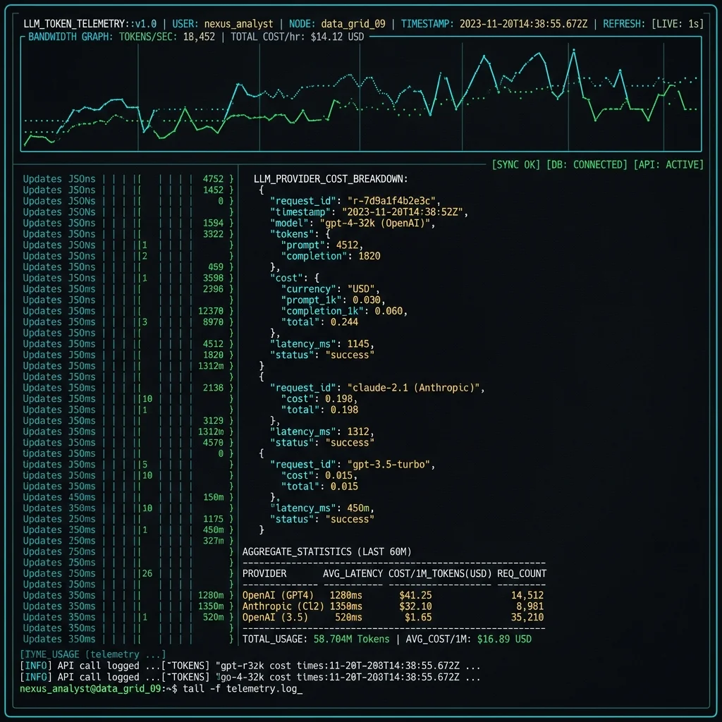 FinOps Transformation 2026 --" 2D Terminal mock showing live cost-per-token metrics for multiple LLM endpoints
