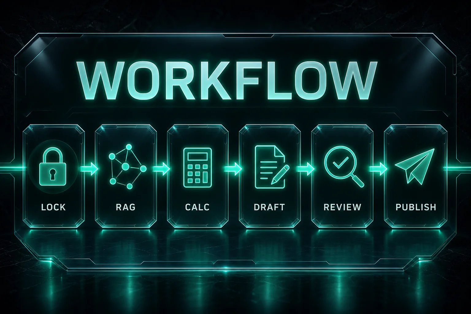 Process flowchart from period lock through data retrieval, deterministic variance calculation, LLM narrative drafting, controller review, and published CFO pack. FP&A automation workflow using LLMs and RAG
