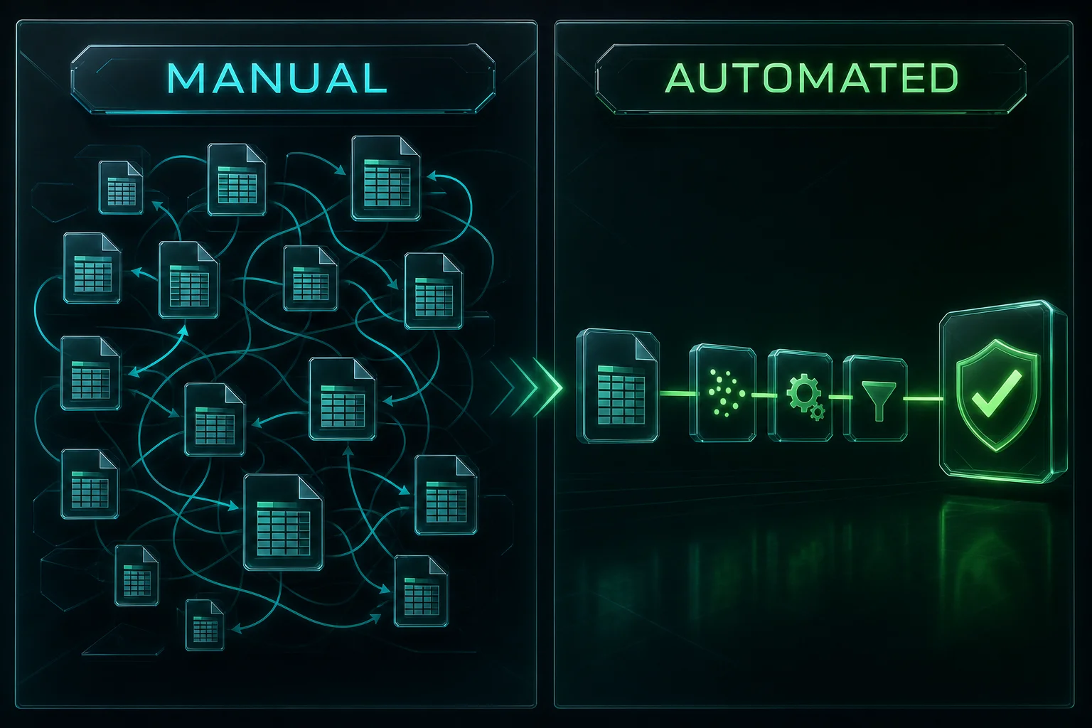 Before and after diagram contrasting manual close cycles with fragmented spreadsheets against an AI-augmented cycle with governed data products, automated drafts, and controller sign-off gates. Manual finance process vs AI-automated finance cycle comparison