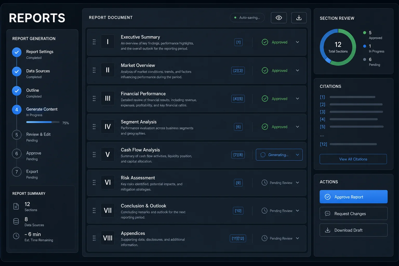 Generic report builder interface showing structured variance sections with citation markers and approval workflow buttons. Automated report generation view for FP&A commentary