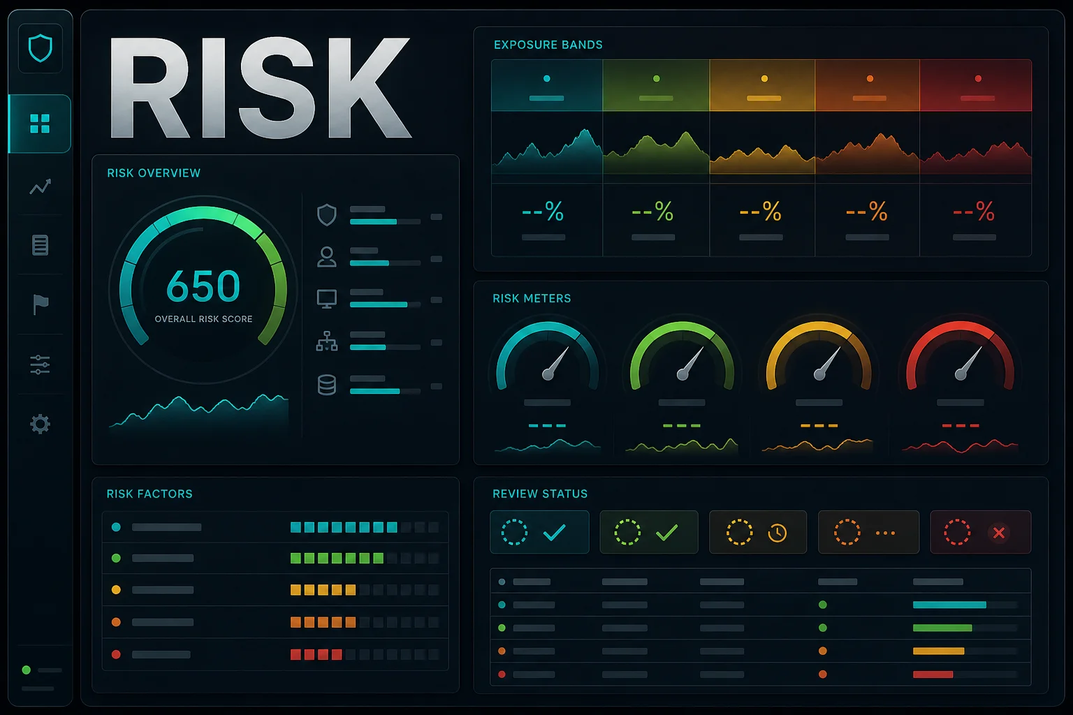 Generic finance risk scoring panel showing exposure bands, probability indicators, and review status fields without external branding. Risk scoring panel UI for finance AI workflow