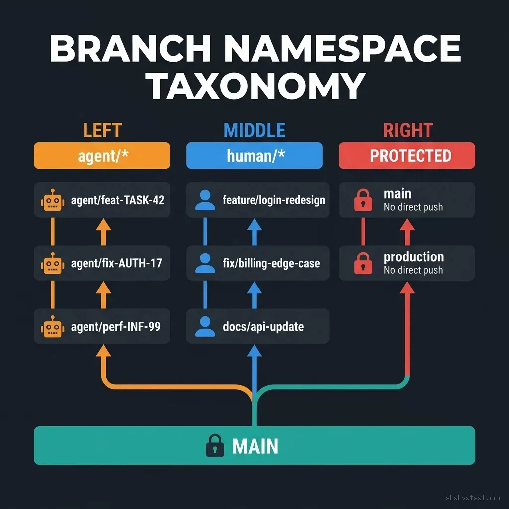Branch Namespace Taxonomy  -  agent/<em>, human/</em>, and protected branches with their rules and merge directions