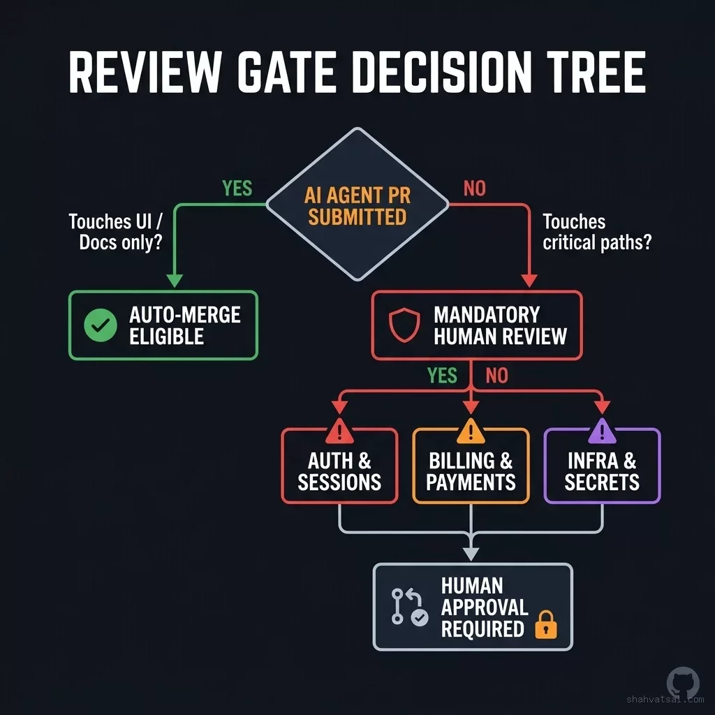 Review Gate Decision Tree  -  AI agent PR submitted, routed by risk surface to auto-merge eligible or mandatory human review paths