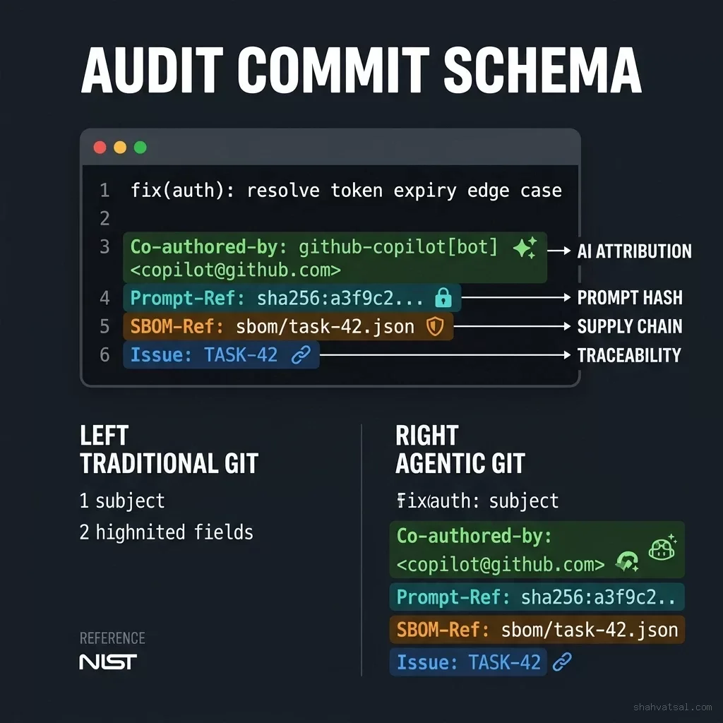 Audit Commit Schema  -  structured commit footer showing Co-authored-by, Prompt-Ref hash, SBOM-Ref, and Issue fields compared to traditional git commits