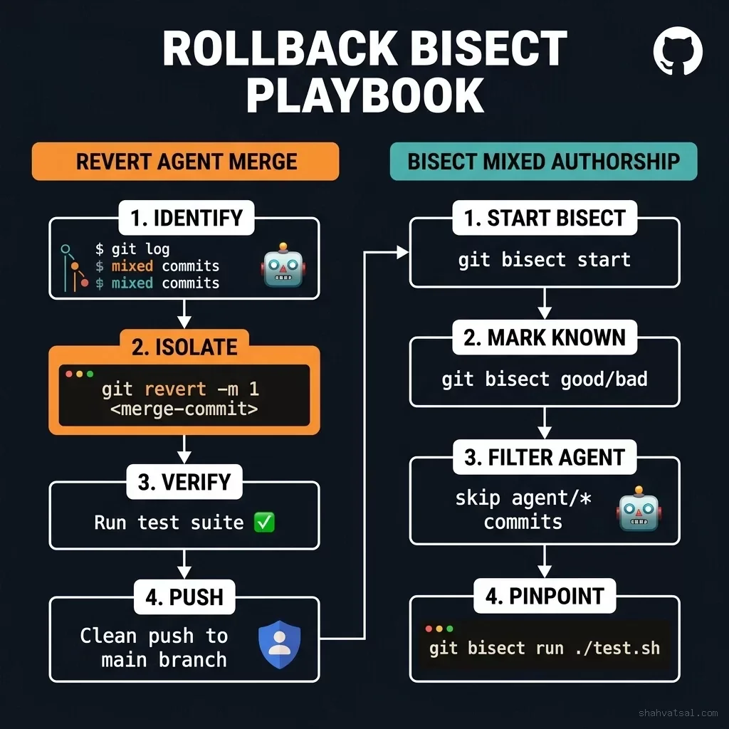 Rollback and Bisect Playbook  -  two parallel step-by-step guides for reverting agent merges and bisecting mixed authorship commit histories