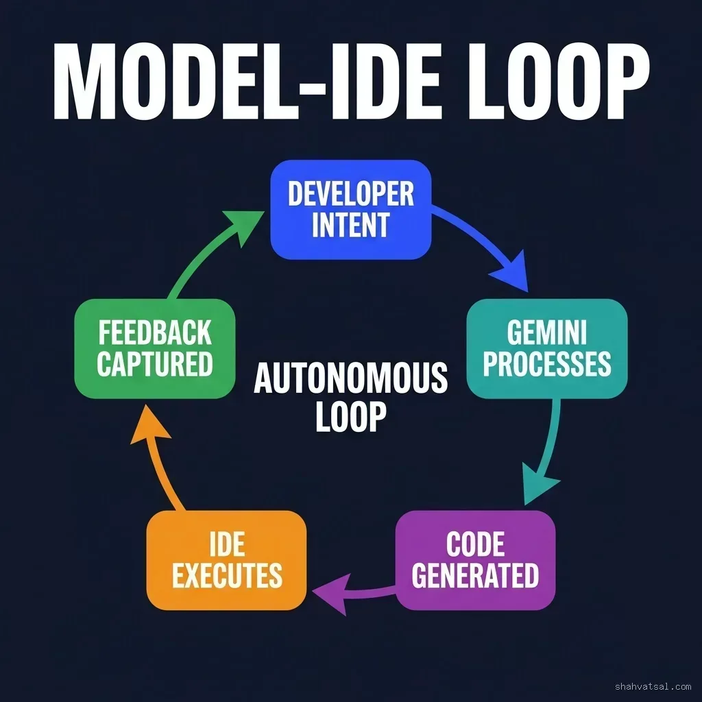 Circular clockwise flow diagram: Developer Intent feeds Gemini, which generates code, which the IDE executes, which captures feedback, which loops back to developer intent — the core autonomous execution cycle. Google Antigravity IDE model-IDE interaction loop showing 5-node circular flow: Developer Intent → Gemini Processes → Code Generated → IDE Executes → Feedback Captured