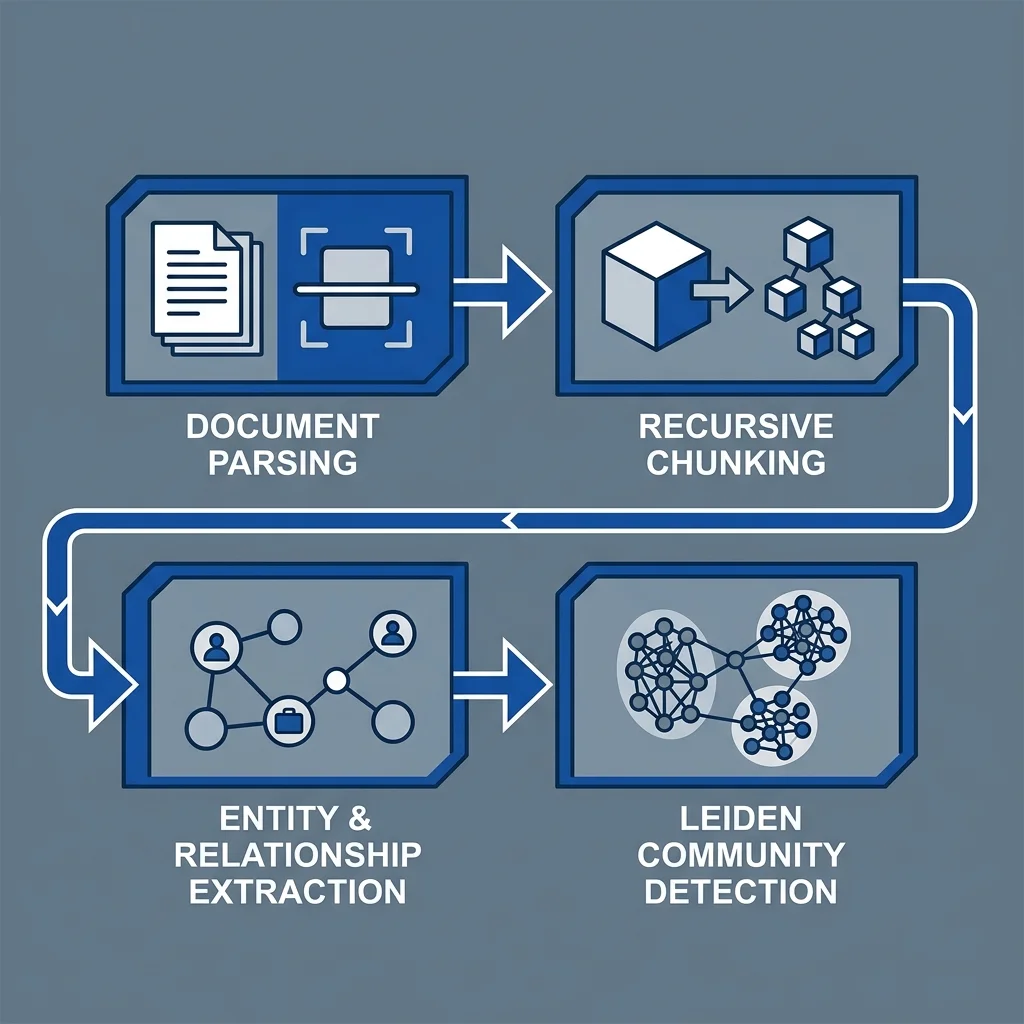 Industrial Process: The GraphRAG Ingestion Pipeline (Parsing -> Chunking -> Triple Extraction -> Community Detection)