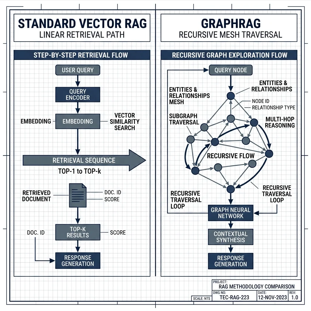 Technical Blueprint: Standard Vector RAG (Linear) vs. GraphRAG (Recursive Mesh Traversal)
