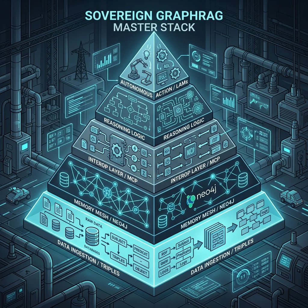 Industrial Infographic: The Sovereign GraphRAG Master Stack (Ingestion -> Memory -> Interop -> Reasoning -> Action)