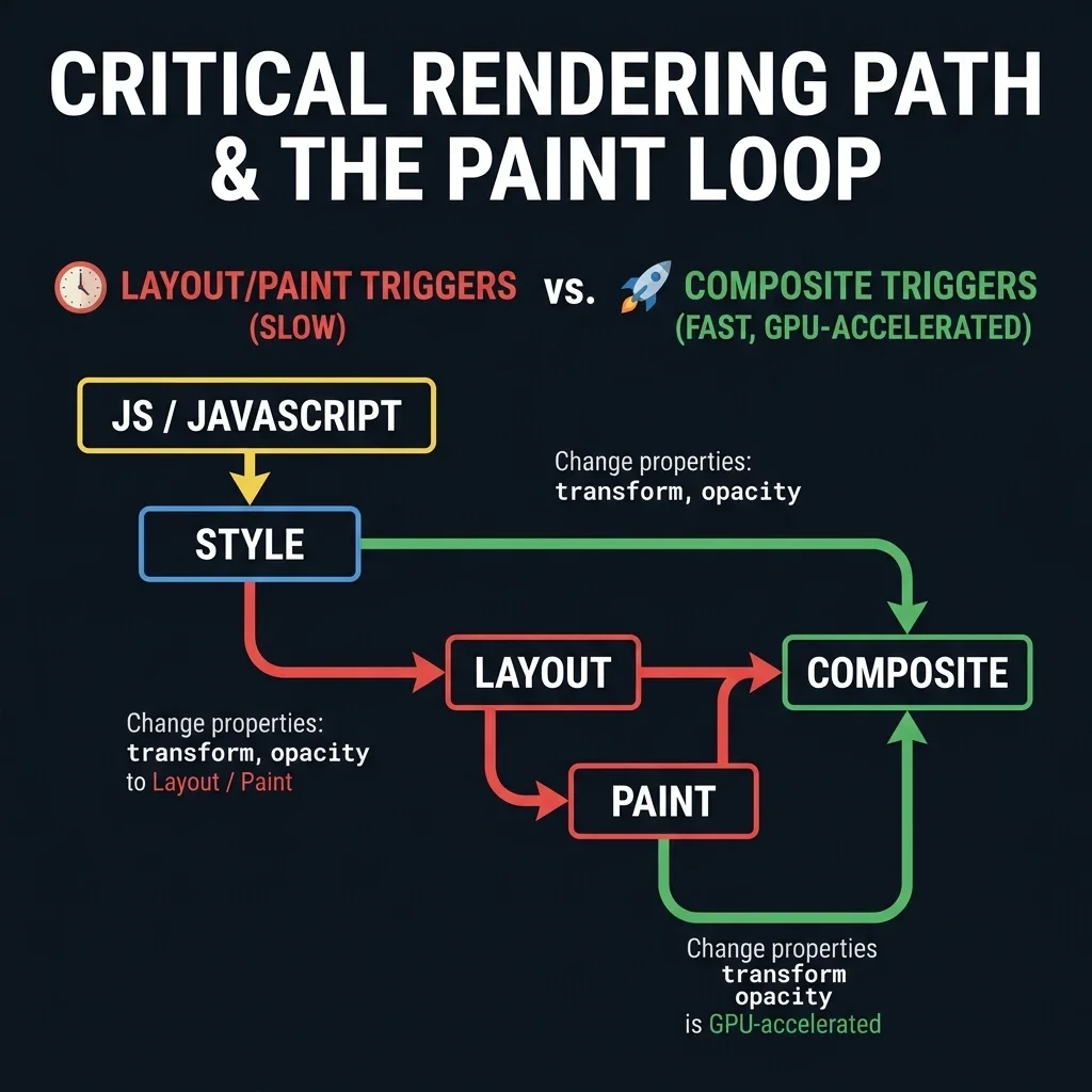 Critical Rendering Path showing JS, Style, Layout, Paint, and Composite stages, highlighting Layout and Paint reflow triggers