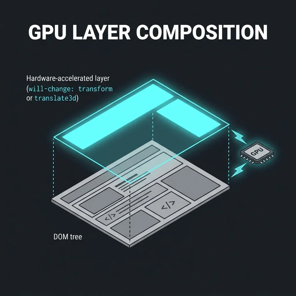 Isometric visualization showing DOM tree layers and a hardware-accelerated layer promoted above it via translate3d or will-change