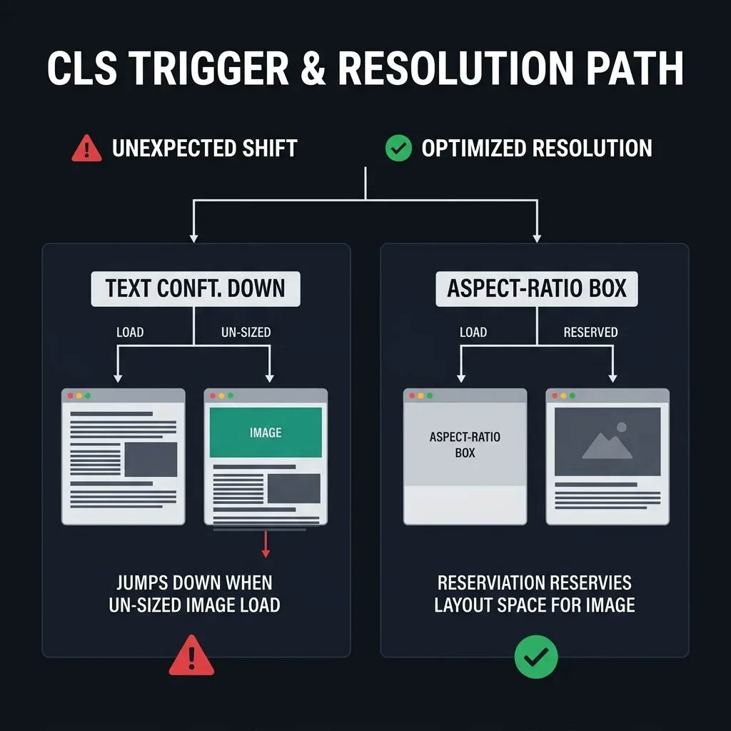 Flowchart illustrating CLS trigger when elements are inserted without layout reservations versus optimized spacing reserving content boundaries