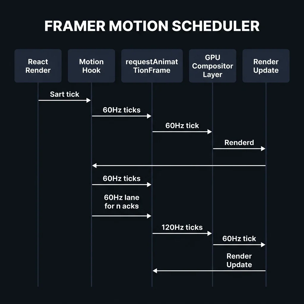 Sequence diagram illustrating Framer Motion's render thread timing loops and GPU scheduler integrations