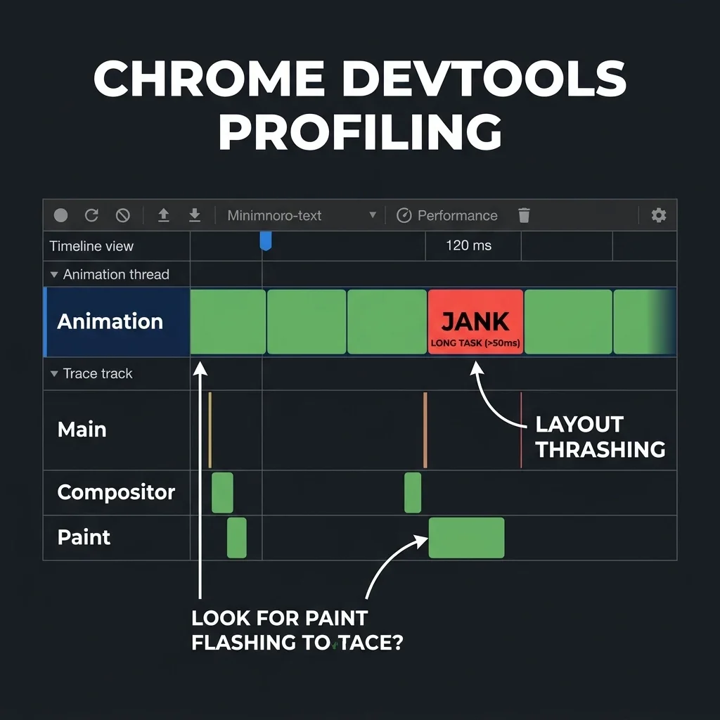 Chrome DevTools rendering audit view showing paint flashing highlights, layer borders, and performance panel timeline metrics