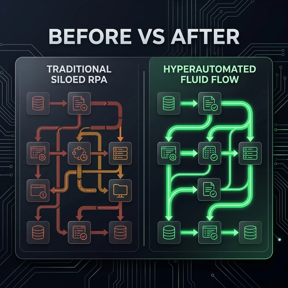 A comparative flow diagram showing the contrast between traditional siloed RPA (prone to exceptions and UI failures Before vs After Automation Comparison