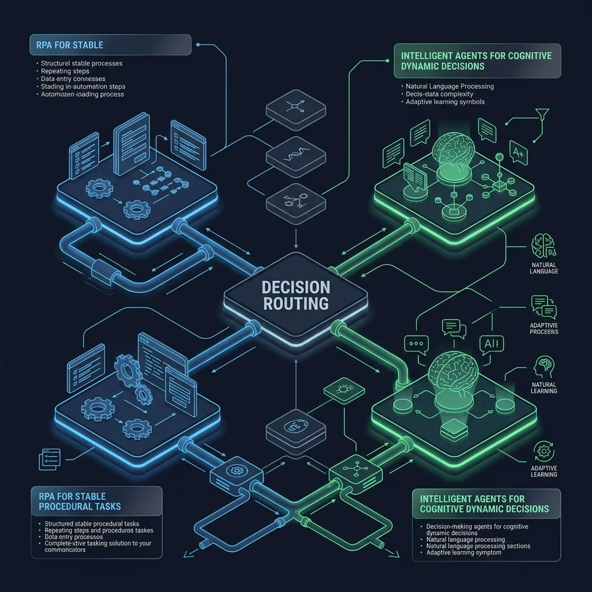 An architectural decision flowchart showing how the enterprise routes inbound tasks based on complexity: simple repetitive steps route to RPA, structured document processing routes to IPA, and unstructured dynamic exceptions route to Agentic Swarms. Enterprise Automation Decision Flow