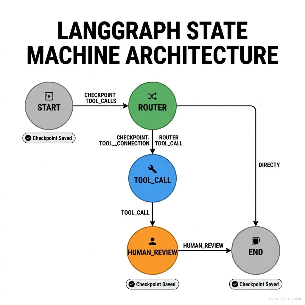 LangGraph models agent workflows as directed graphs. Each node is a Python function; each edge is a conditional transition. State is checkpointed after every node, enabling fault-tolerant resumption and human-in-the-loop injection at any point in the graph. LangGraph state machine architecture — directed graph showing START, ROUTER, TOOL_CALL, HUMAN_REVIEW, and END nodes with labeled conditional edges and checkpoint badges at each state transition