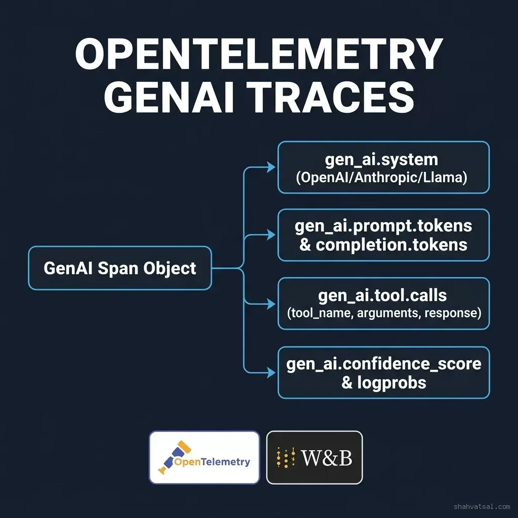 OpenTelemetry GenAI Semantic Conventions diagram showing standardized span attributes for prompts, tokens, tool calls, and confidence logprobs. OpenTelemetry GenAI Semantic Conventions Diagram