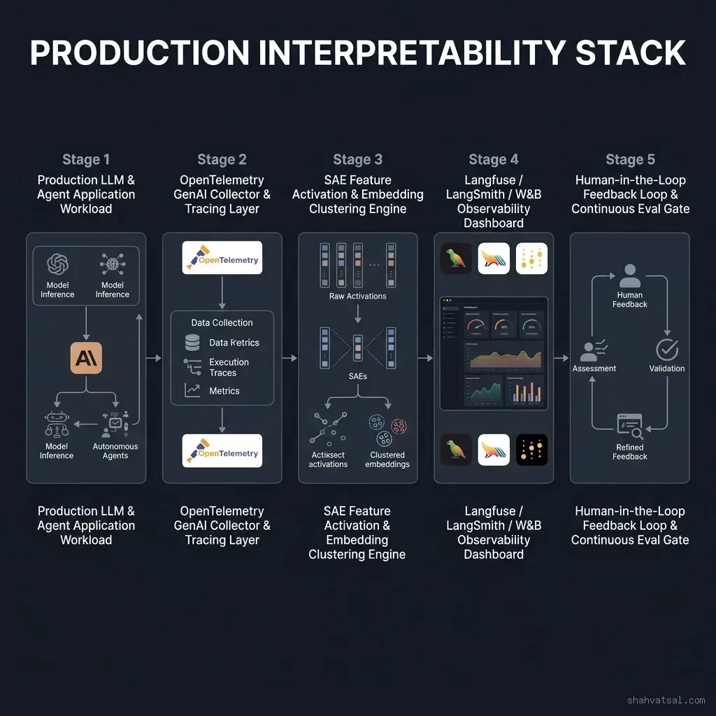 Wide architecture flowchart showing 5-stage production interpretability stack: Application Workload, OpenTelemetry Collector, SAE Feature Engine, Observability Dashboards, and Human Feedback Loop. Production Interpretability Stack Diagram