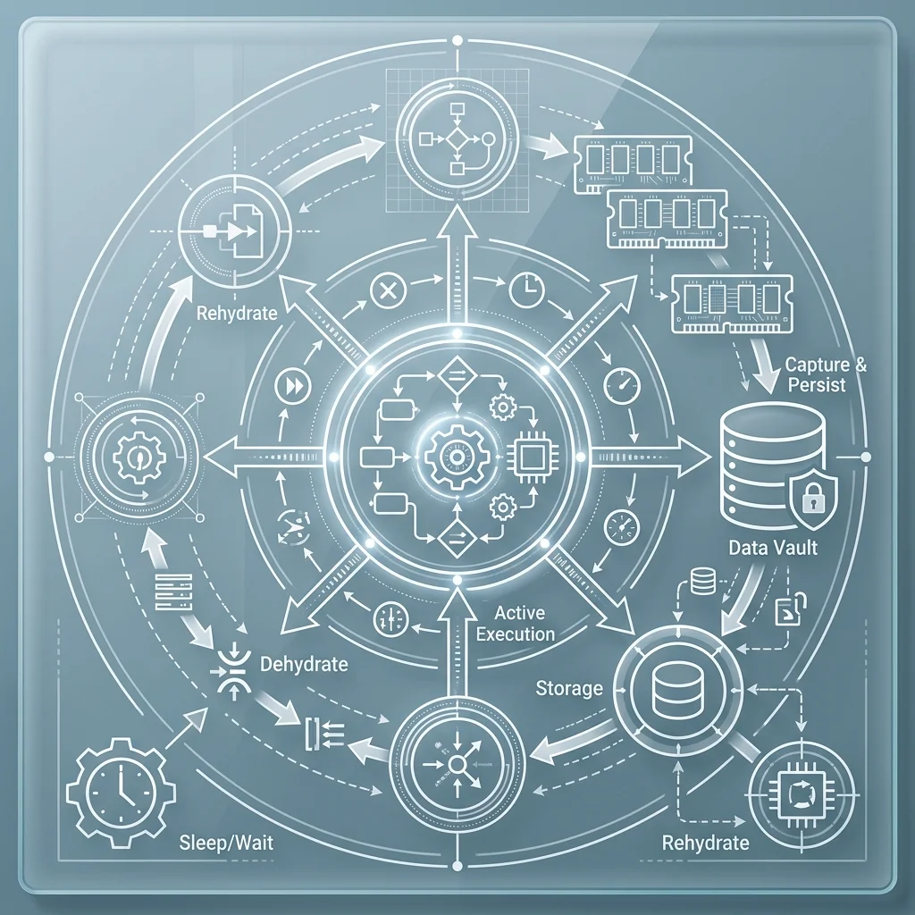 Multi-Agent Orchestration 2026 --" 2D Technical diagram showing the lifecycle of a durable agent task surviving a system restart