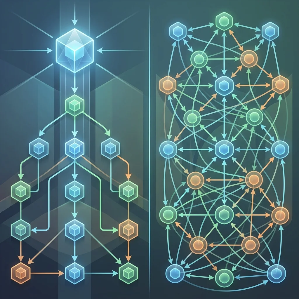 Multi-Agent Orchestration 2026 --" 2D Comparison infographic mapping the trade-offs between Supervisor and Peer-to-Peer agent swarms