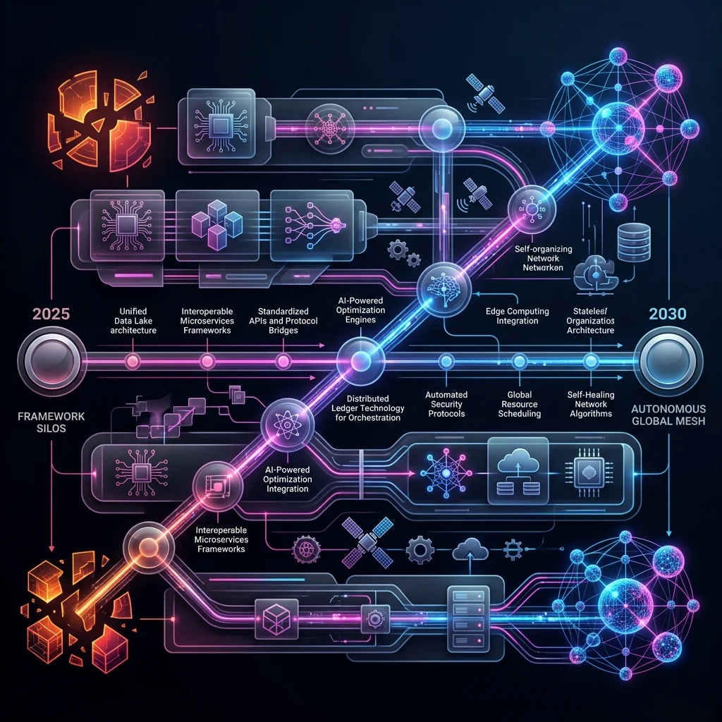 Multi-Agent Orchestration 2026 --" 2D professional technical roadmap infographic mapping the transition from '2025: Framework Silos' to '2030: Autonomous Global Mesh'