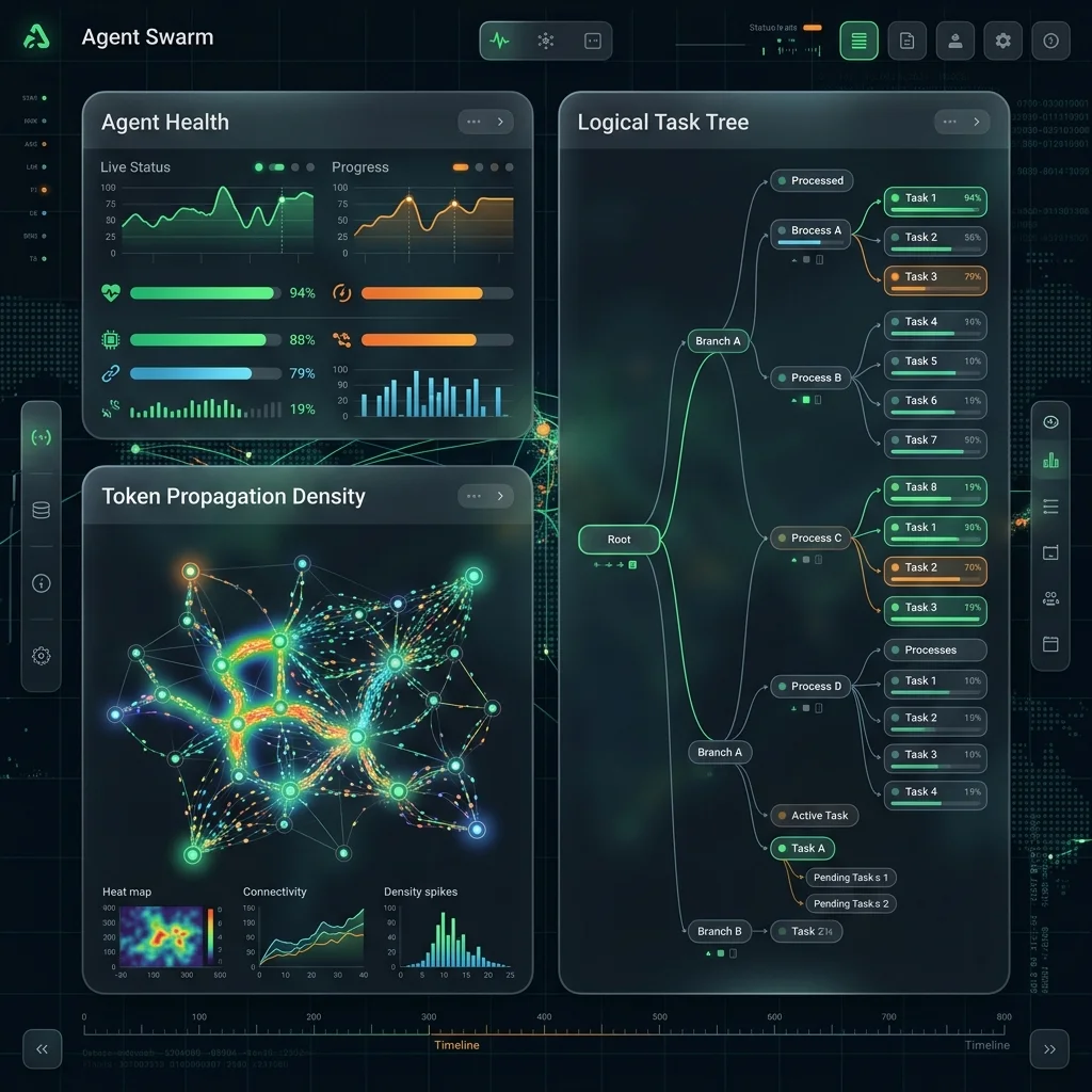 Multi-Agent Orchestration 2026 --" 2D Industrial UI mock showing the command center for an active Agent Swarm