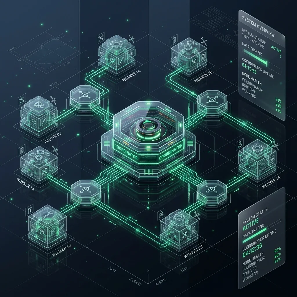 System Architecture: Topology showing a coordinator node delegating tasks to specialized worker agents. Multi-Agent Coordinator and Worker Topology