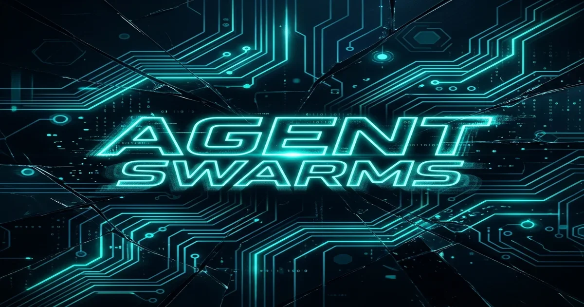 Cinematic banner depicting autonomous agent swarms coordinating in a digital enterprise workspace. Feature Banner — Multi-Agent Orchestration