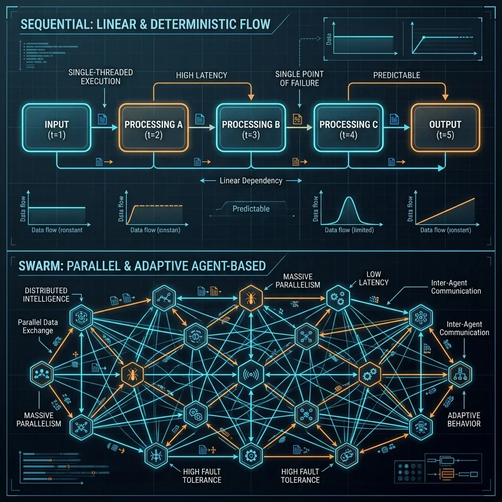 Performance Graph: Chart showing execution time comparison between sequential pipelines and swarm systems. Sequential vs. Swarm Latency Performance