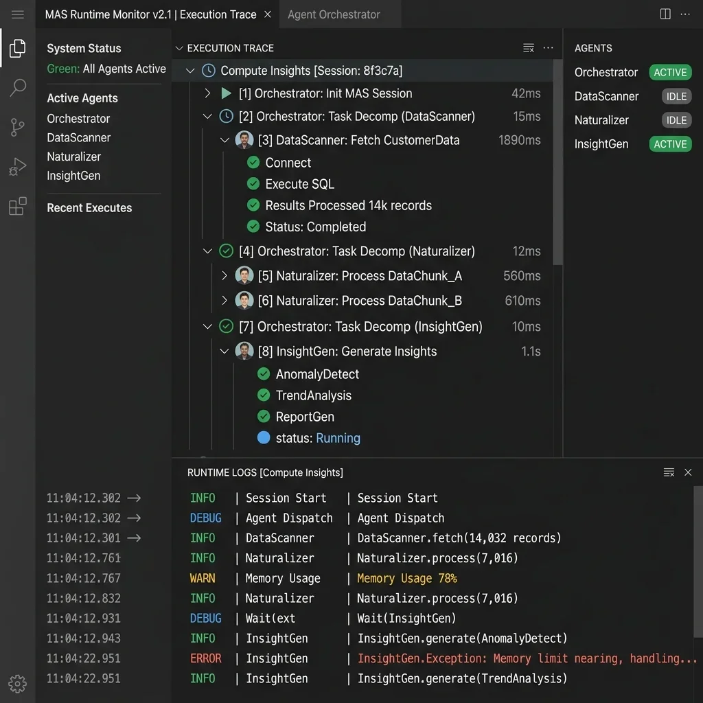 UI Screenshot: System logs showing real-time agent transaction steps, reasoning traces, and error catches. Visualizing Execution Logs and Trace Paths