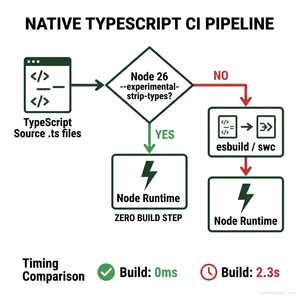 Node 26 native TypeScript strips types at runtime with zero build latency (0ms Native TypeScript CI pipeline in Node 26 — flowchart showing the zero-build-step path when using --experimental-strip-types versus the esbuild/swc transpiler path