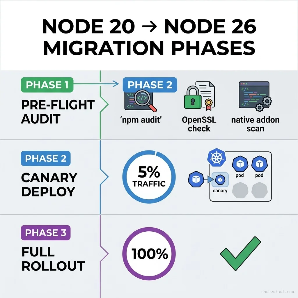 Pre-flight audit identifies breaking changes before migration begins. Phase 1 audits native addons, TLS certs, ESM debt. Phase 2 deploys to 5% canary traffic with event-loop monitoring. Phase 3 rolls out fully once canary holds for 48 hours. Node 20 to Node 26 migration phases — three-phase diagram showing Pre-Flight Audit, Canary Deploy, and Full Rollout with detailed checklist items for each phase