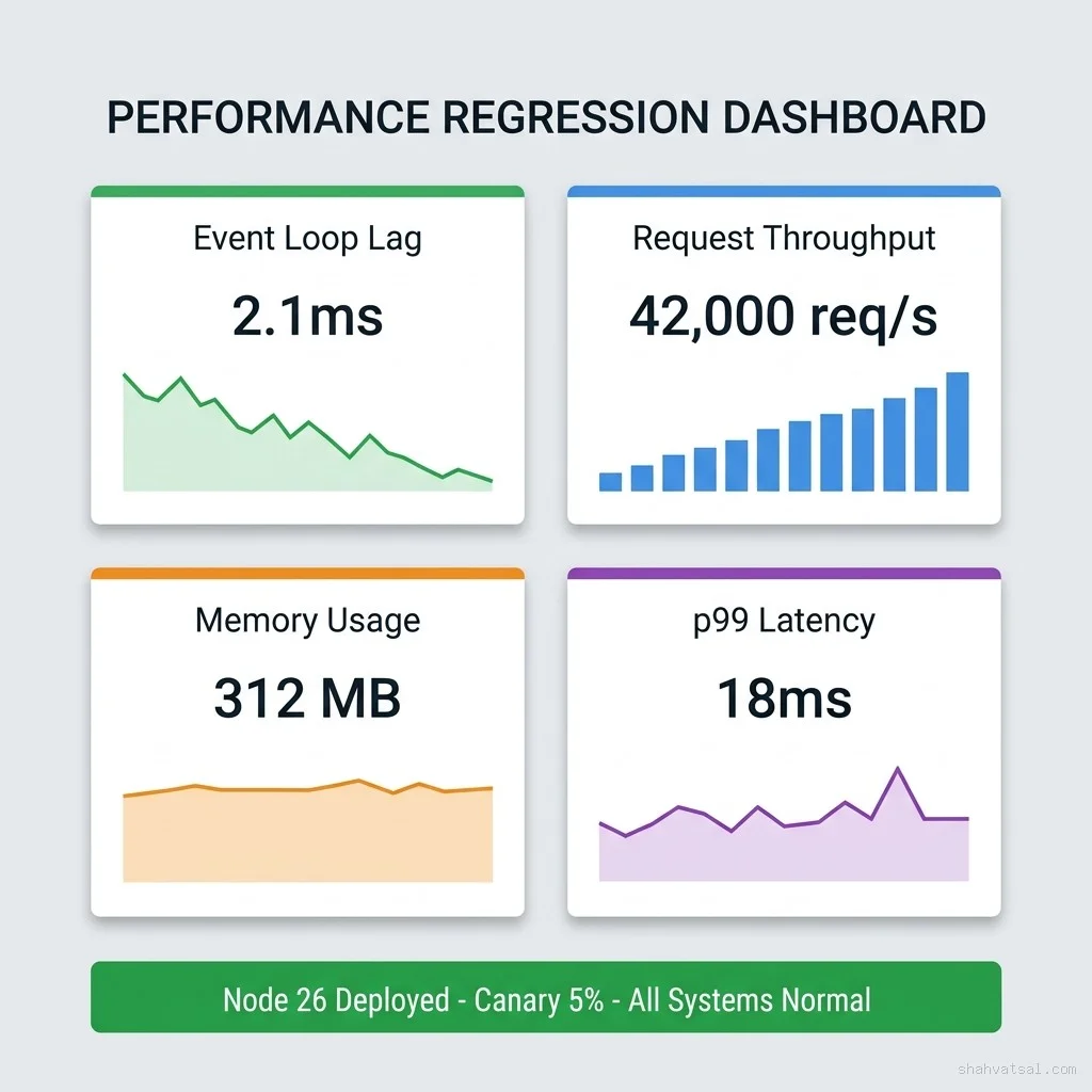 Monitor these four metrics during Node 26 canary deployment. Event Loop Lag above 5ms indicates JIT compilation pressure. p99 Latency spikes signal OpenSSL or fetch( Performance regression detection dashboard — four metric panels showing Event Loop Lag at 2.1ms, Request Throughput at 42,000 req/s, Memory Usage at 312MB, and p99 Latency at 18ms with Node 26 canary at 5% traffic