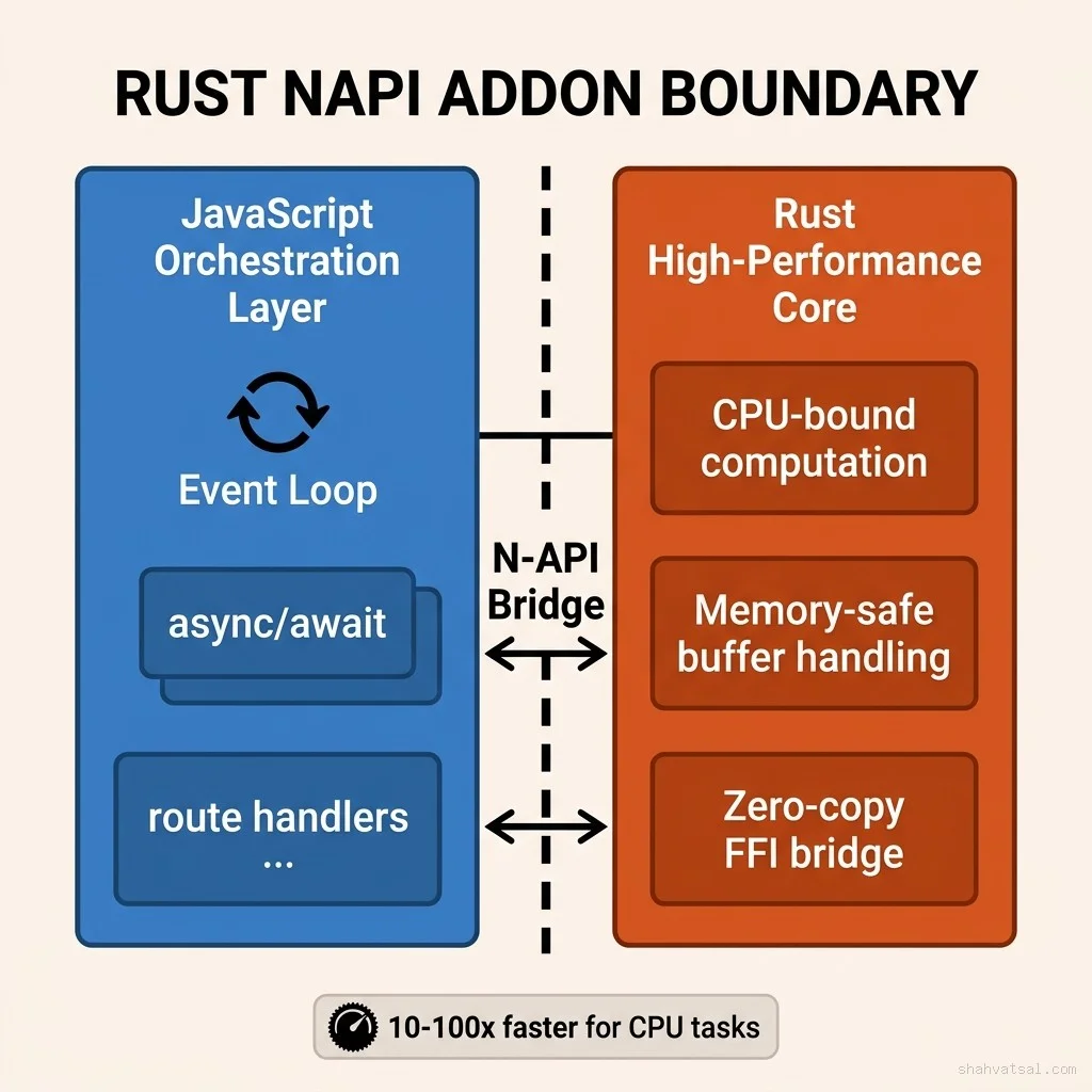 The Rust N-API boundary separates JavaScript orchestration (event loop, routing, async/await Rust N-API addon boundary diagram — two-zone architecture showing JavaScript orchestration layer on the left and Rust high-performance core on the right, connected by the N-API bridge