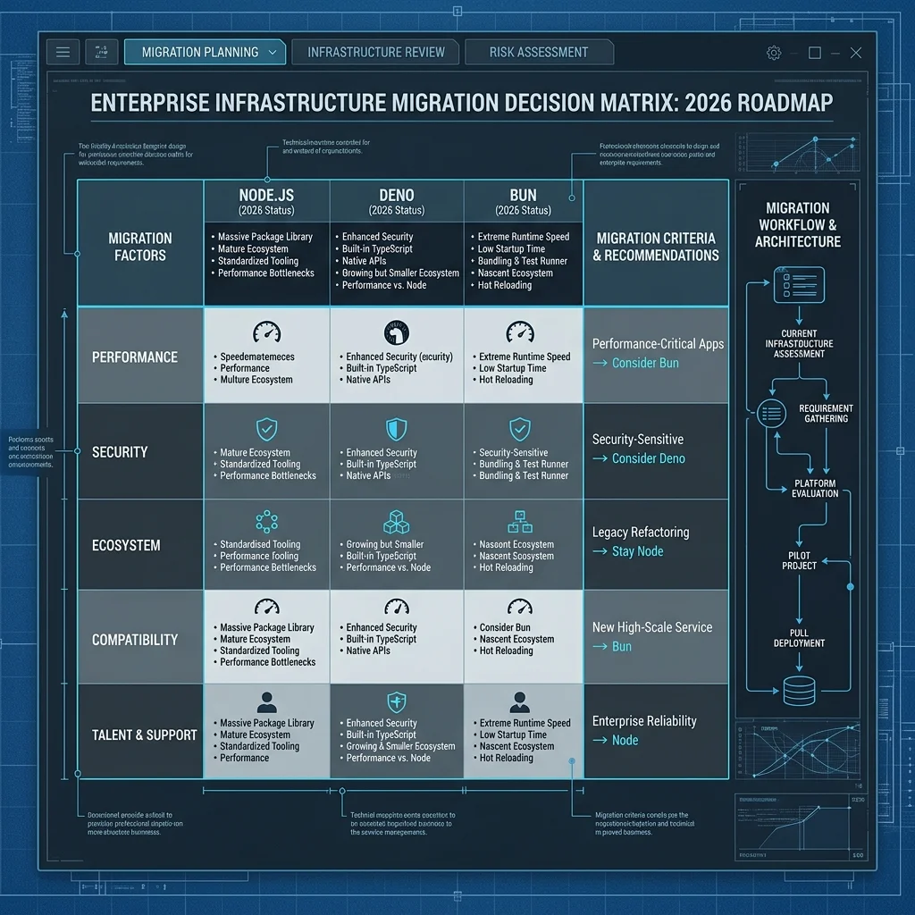 Node.js vs Deno Bun 2026 --" 2D Flowchart mapping the enterprise runtime migration strategy
