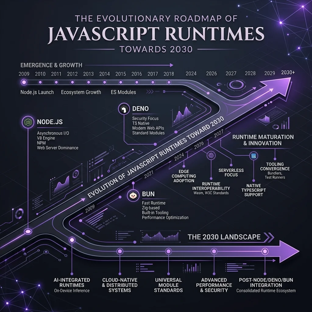 Node.js vs Deno Bun 2026 --" 2D Infographic mapping the evolutionary horizon toward 2030