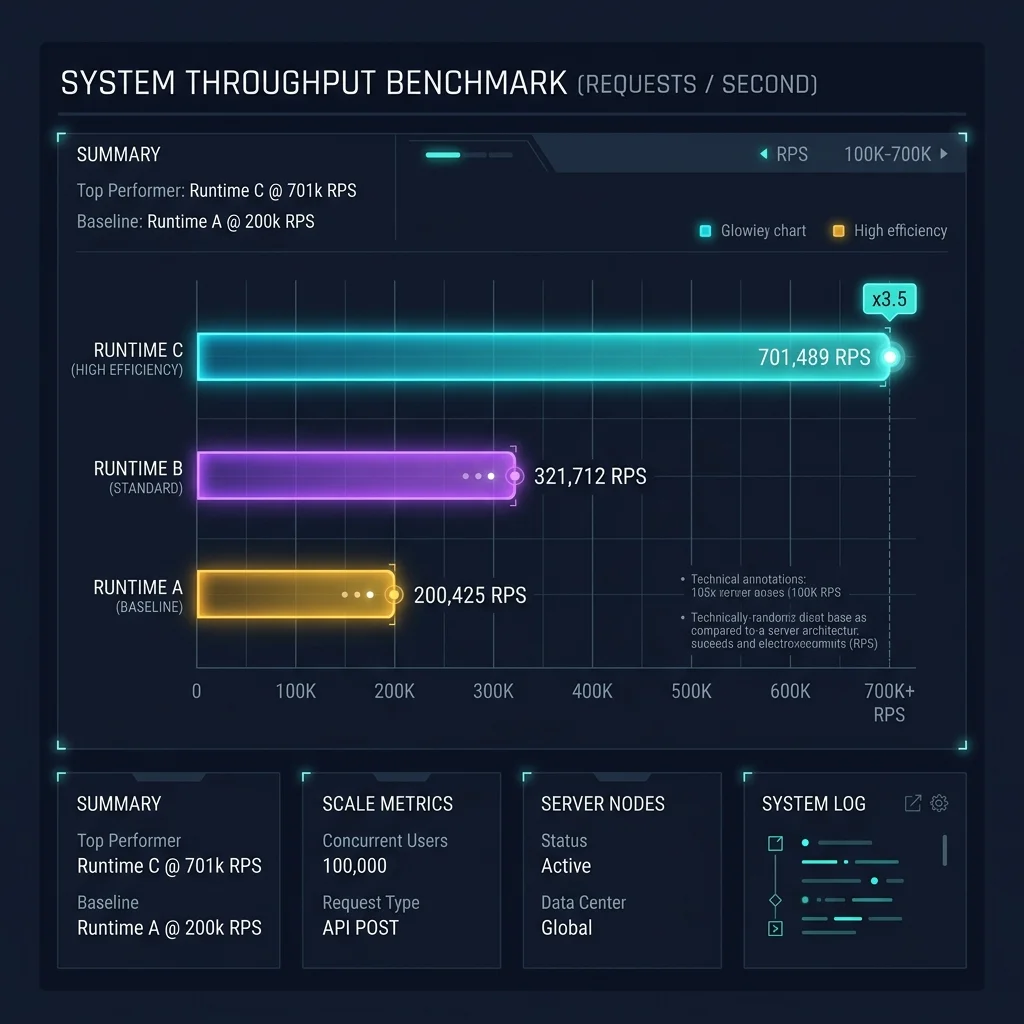 Node.js vs Deno Bun 2026 --" 2D Industrial UI throughput chart representing Bun's 3.5x dominance