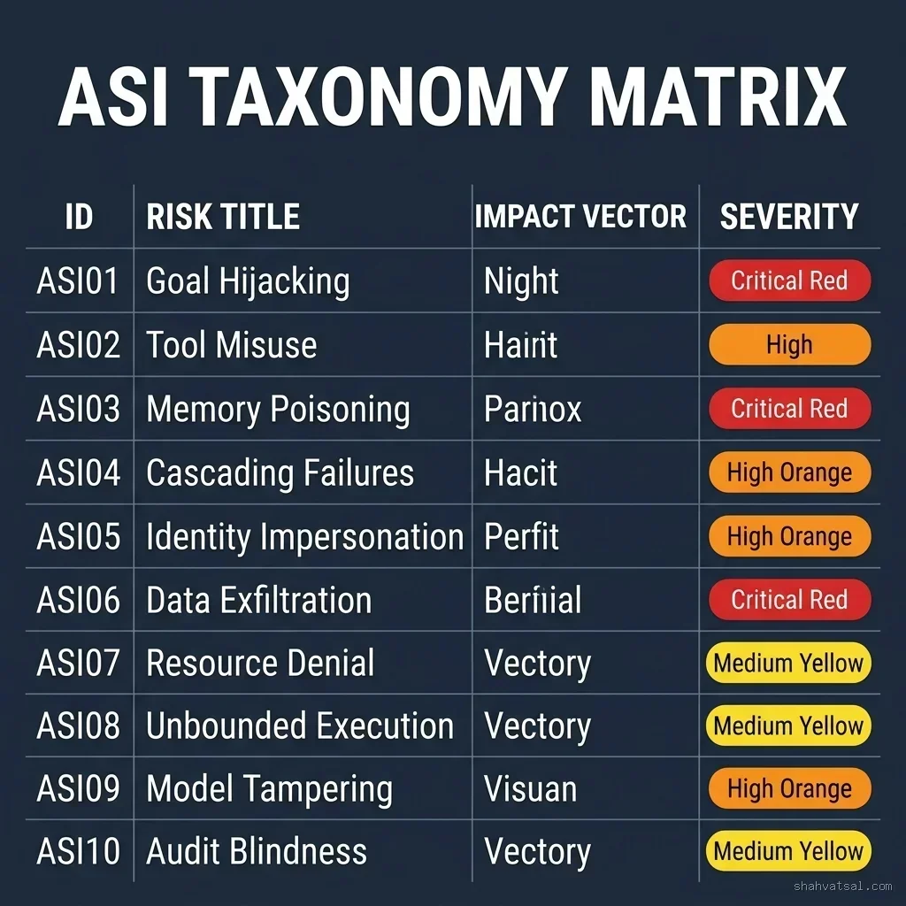 ASI Taxonomy Matrix detailing all 10 OWASP Agentic System Issues, mapping IDs, risk titles, impact vectors, and severity levels from Critical to Medium. ASI Taxonomy Matrix — 10-Row Risk Grid with Impact Vectors and Severity Classification