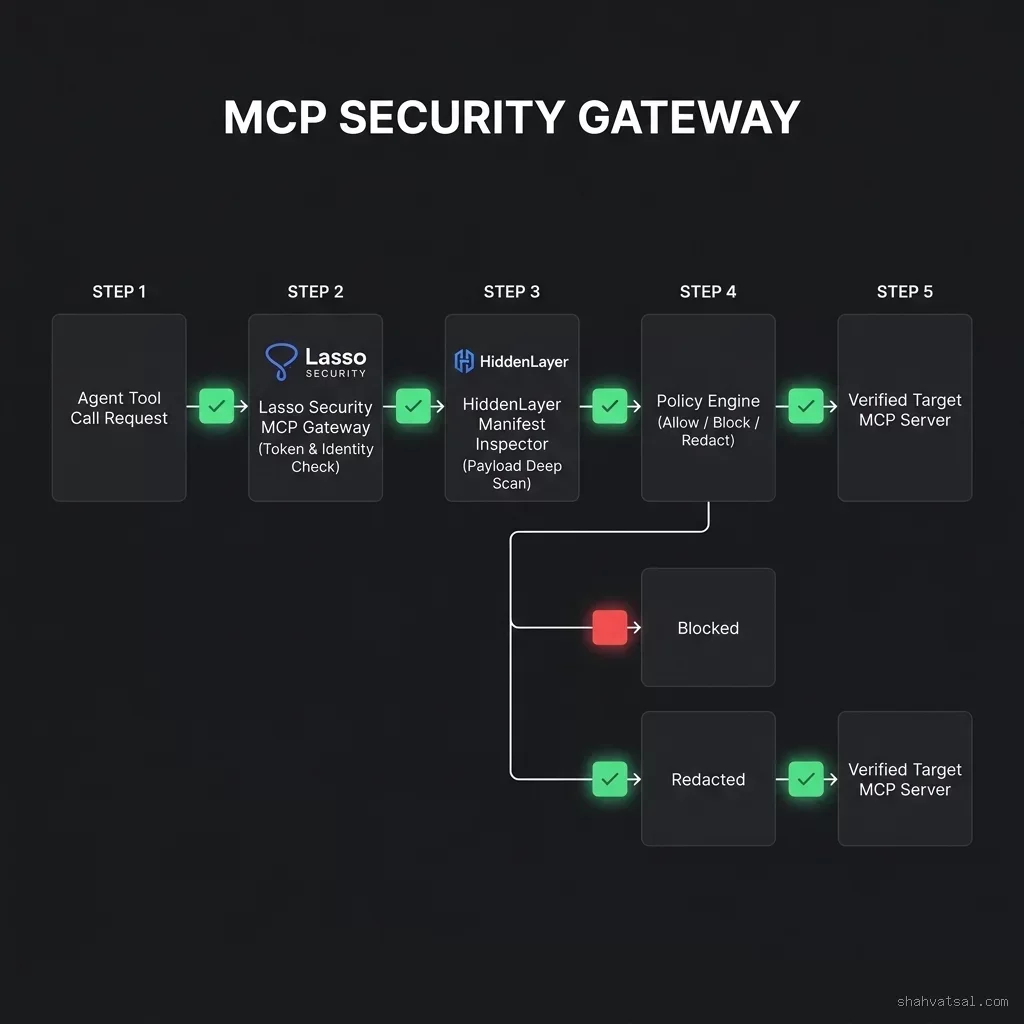 MCP Security Gateway Pipeline diagram illustrating Step 1 through Step 5 execution flow from Agent Tool Call to Verified Target MCP Server. MCP Security Gateway Pipeline Diagram