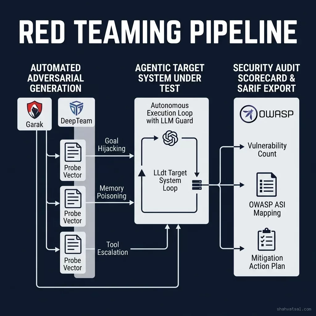 Wide architecture diagram for automated red-teaming pipeline showing Garak & DeepTeam generating adversarial probes against agent systems under test. Red-Teaming Pipeline Diagram using Garak and DeepTeam Frameworks
