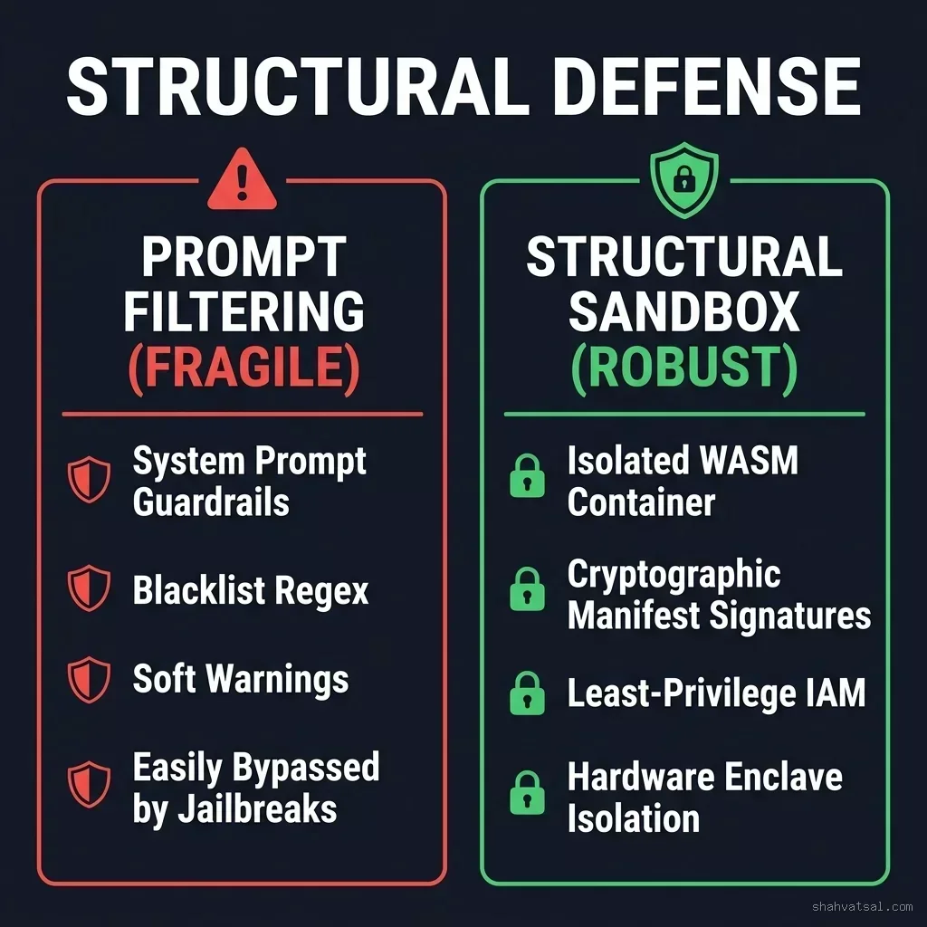 Structural Defense comparison diagram contrasting fragile prompt filtering against robust structural sandboxing with WASM containers and least-privilege IAM. Structural Sandbox vs Prompt Filtering Comparison Diagram