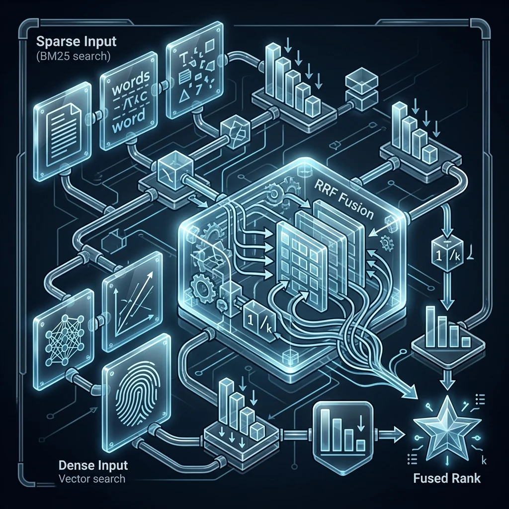 PGVector Scaling 2026 --" 2D Logic flow for the Reciprocal Rank Fusion (RRF) pipeline in PostgreSQL